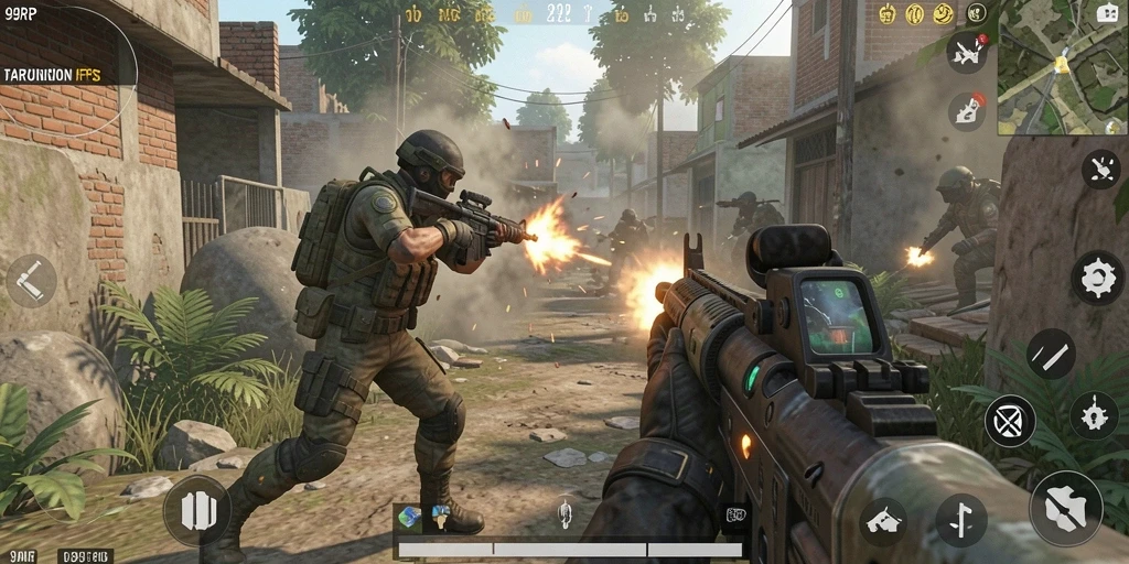 Screenshot gameplay 99RP menunjukkan aksi tembak menembak yang mendebarkan.