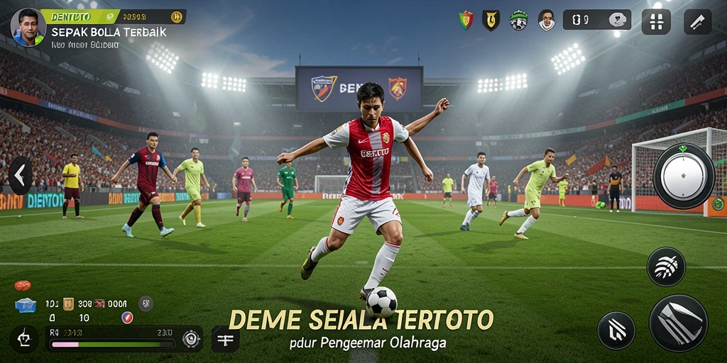 Screenshot gameplay DENTOTO dengan aksi menarik di lapangan sepak bola.