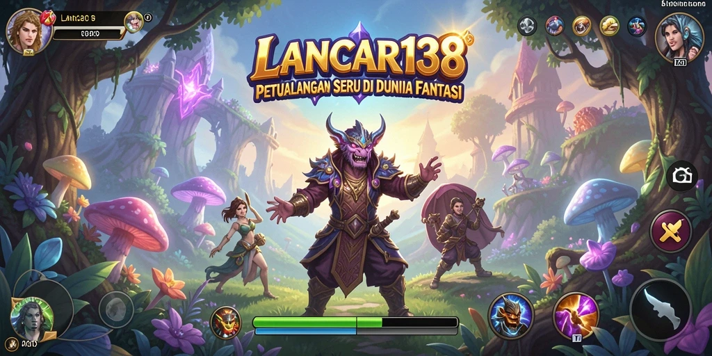 Tangkapan layar permainan <strong>LANCAR138</strong> menampilkan karakter menjelajahi dunia fantastis.