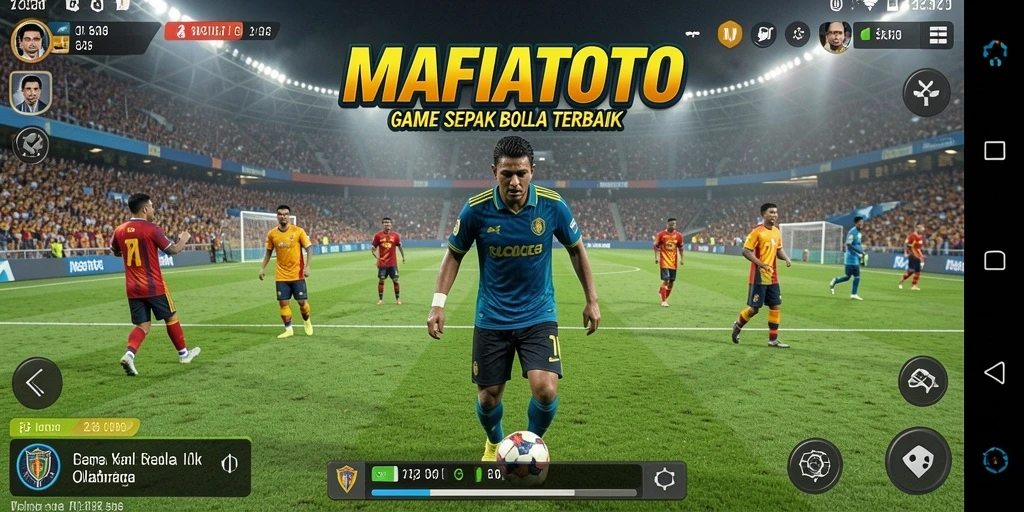 Tangkapan layar dari gameplay MAFIATOTO menampilkan aksi sepak bola yang intens.