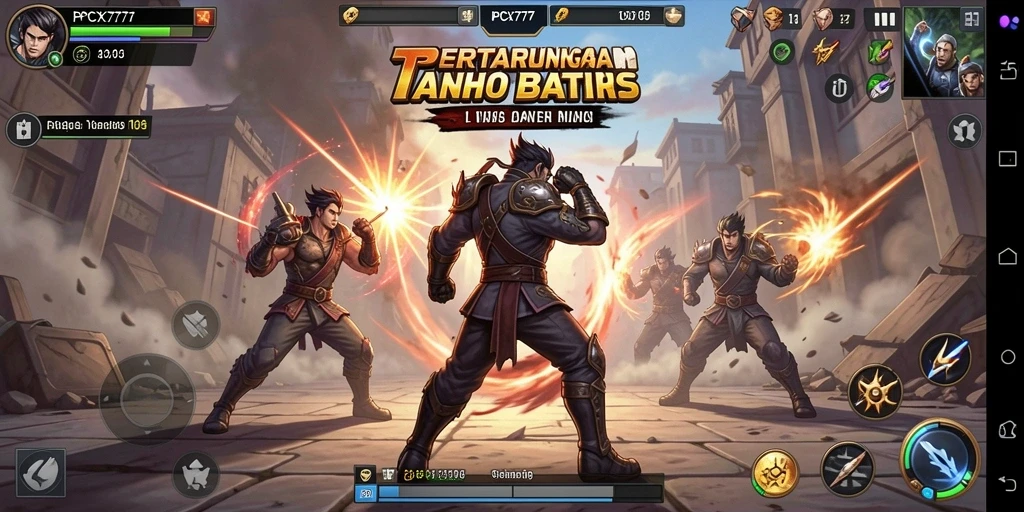 Gambaran visual gameplay PCX777 yang mendebarkan dengan aksi pertarungan intens.